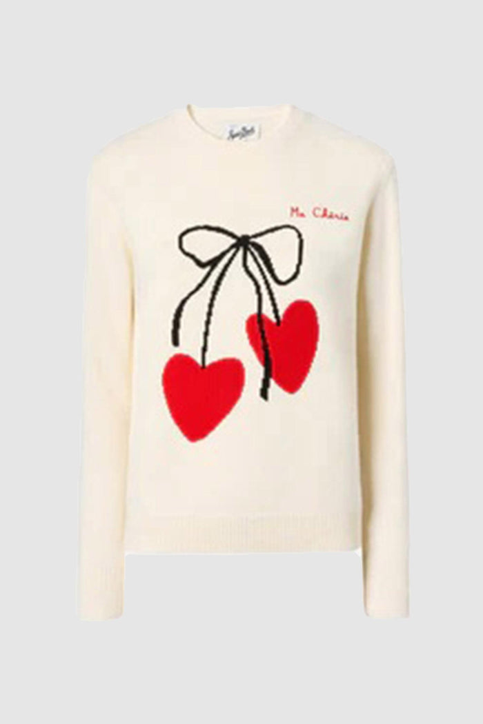 <BR/>Maglione New Queen in misto cashmere bianco con ricamo Ma cherie