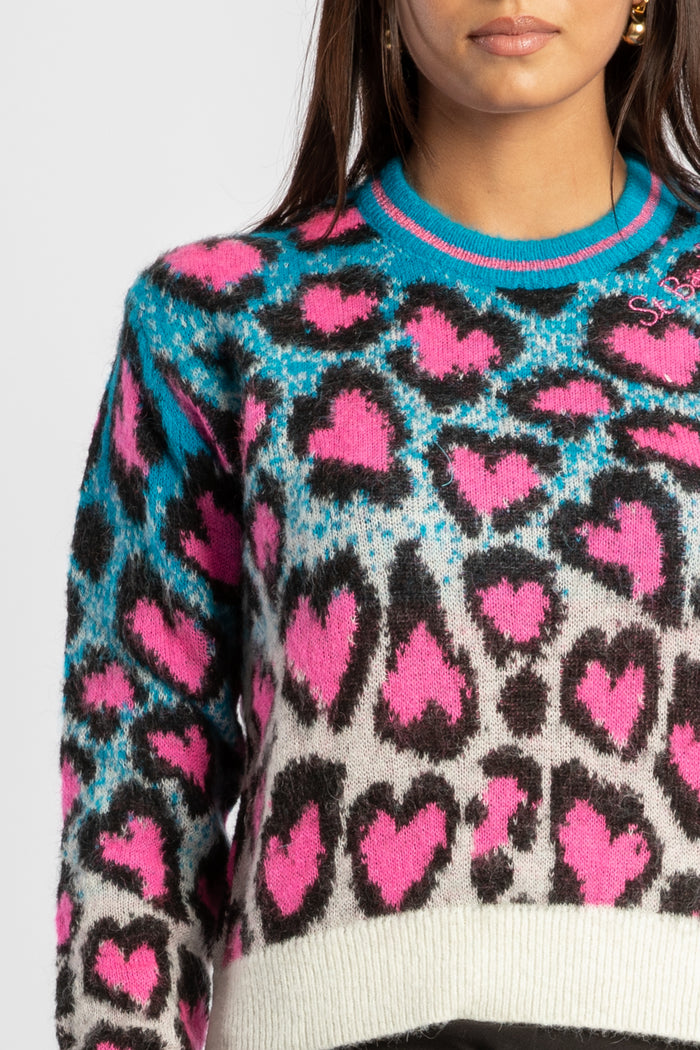 New Queen Crop Soft P morbido maglione da donna girocollo con stampa leopardata a cuori