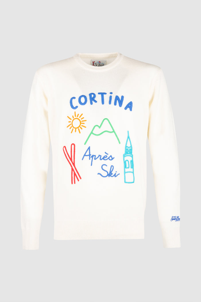 Maglione uomo bianco con ricamo Cortina apres ski