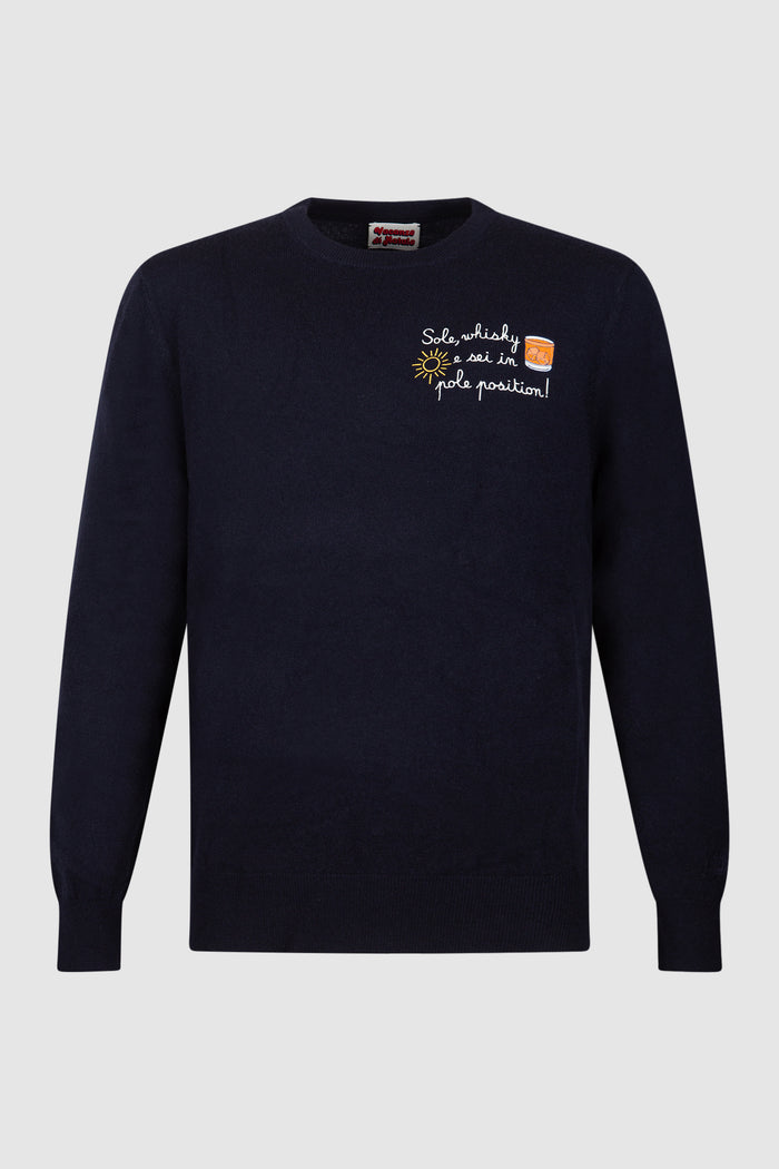 Maglione da uomo blu Heron Light con ricamo Sole, Whisky e sei in Pole Position! | VACANZE DI NATALE SPECIAL EDITION