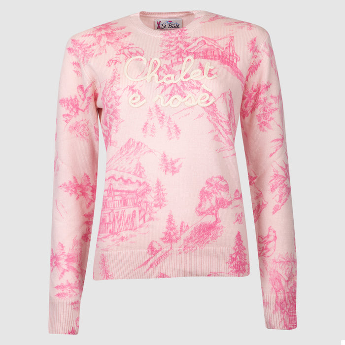 Maglione rosa da donna New Queen con stampa toile de jouy e ricamo Chalet e Rosè-3