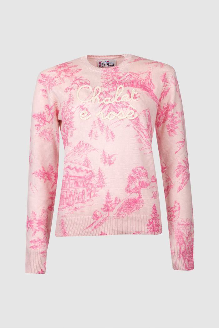 Maglione rosa da donna New Queen con stampa toile de jouy e ricamo Chalet e Rosè