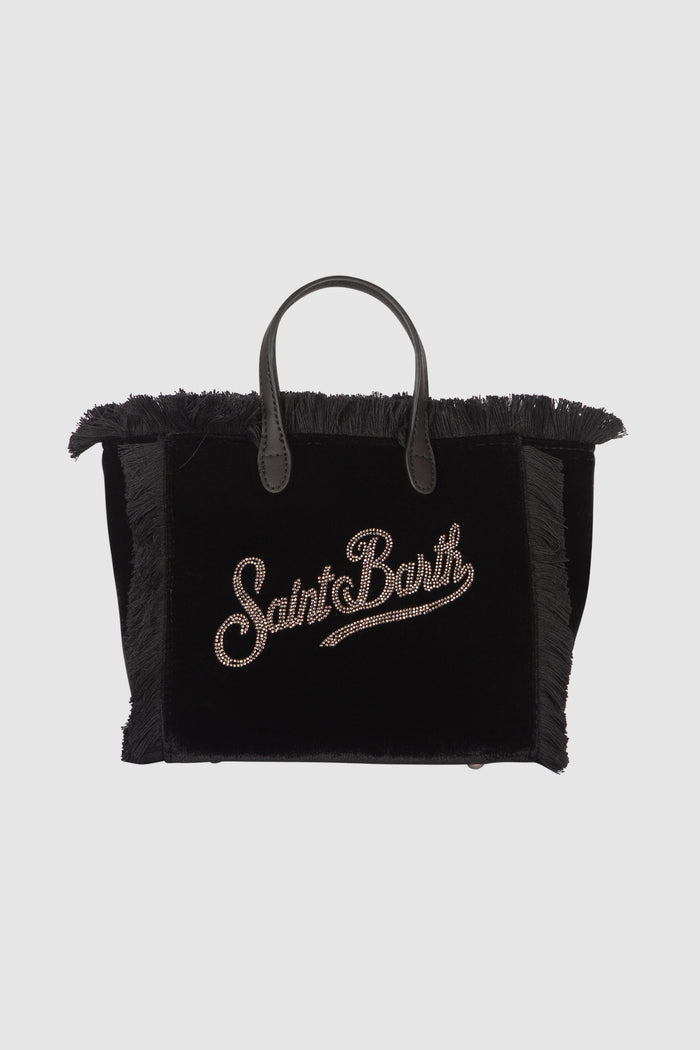 Borsa a mano Mini Vanity in velluto nero con logo Saint Barth in strass-1