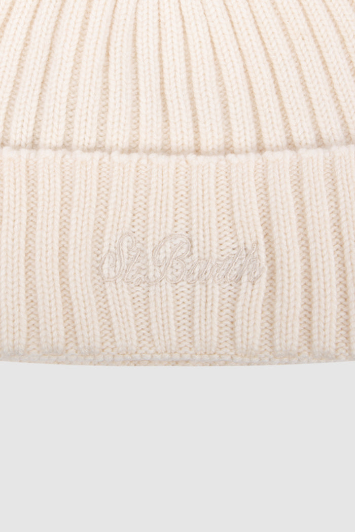 Wengen cuffia in cashmere a coste off white-3