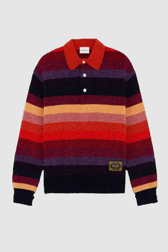 Polo a maniche lunghe a righe in ciniglia con patch a forma di cavallo