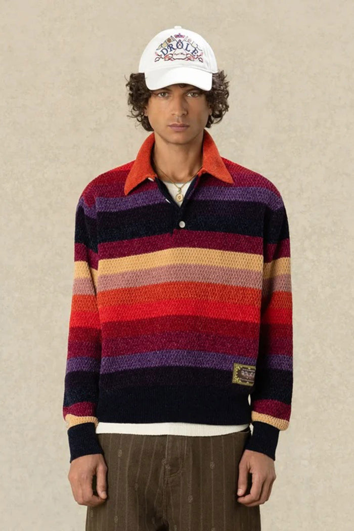 Polo a maniche lunghe a righe in ciniglia con patch a forma di cavallo-3