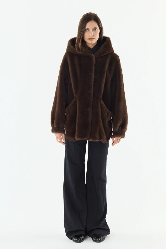 SELENA - Cappotto in ecicopelliccia con cappuccio