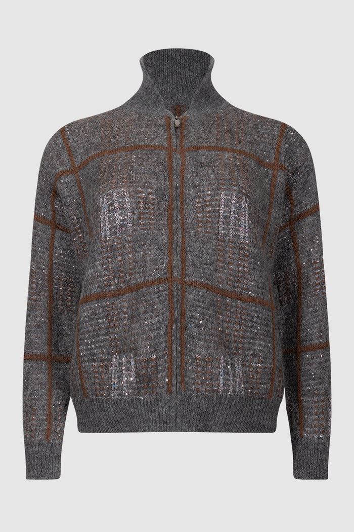 Cardigan in lana, mohair e cachemire jacquard - Grigio medio