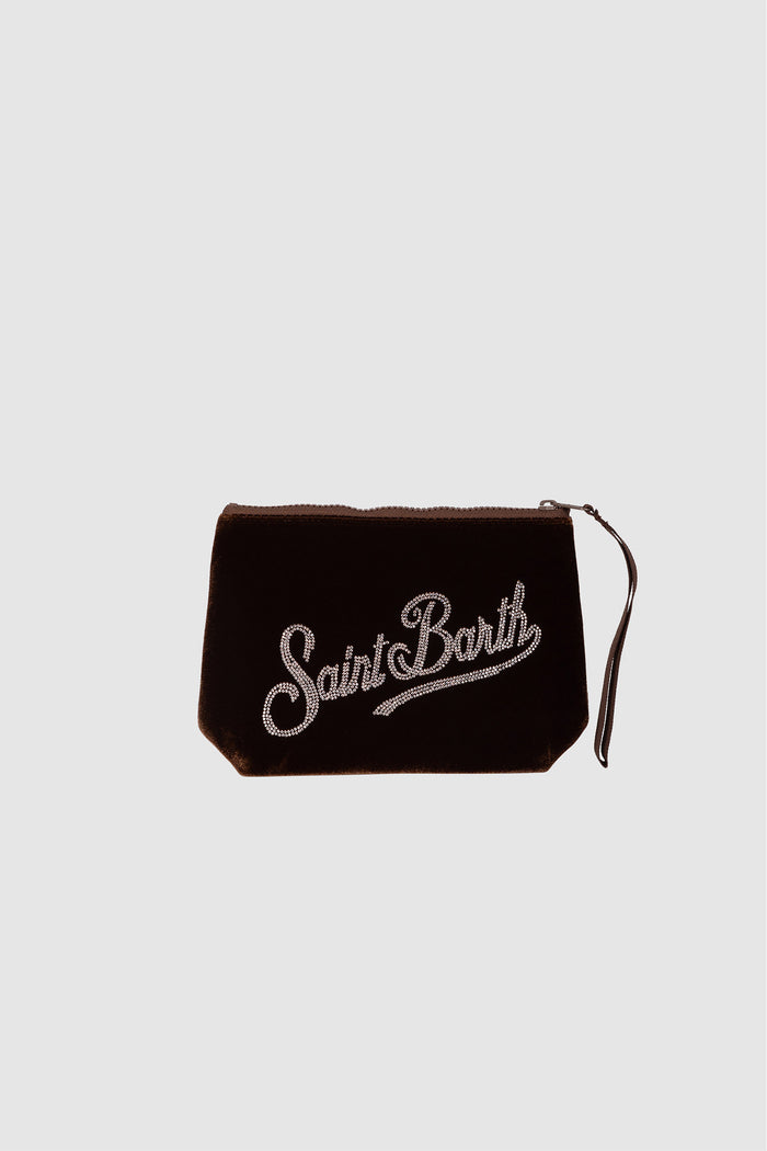 Pochette Aline bronzo in velluto con logo in strass-2