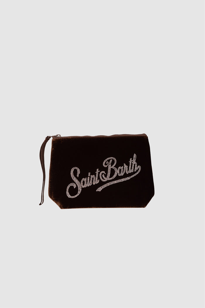 Pochette Aline bronzo in velluto con logo in strass