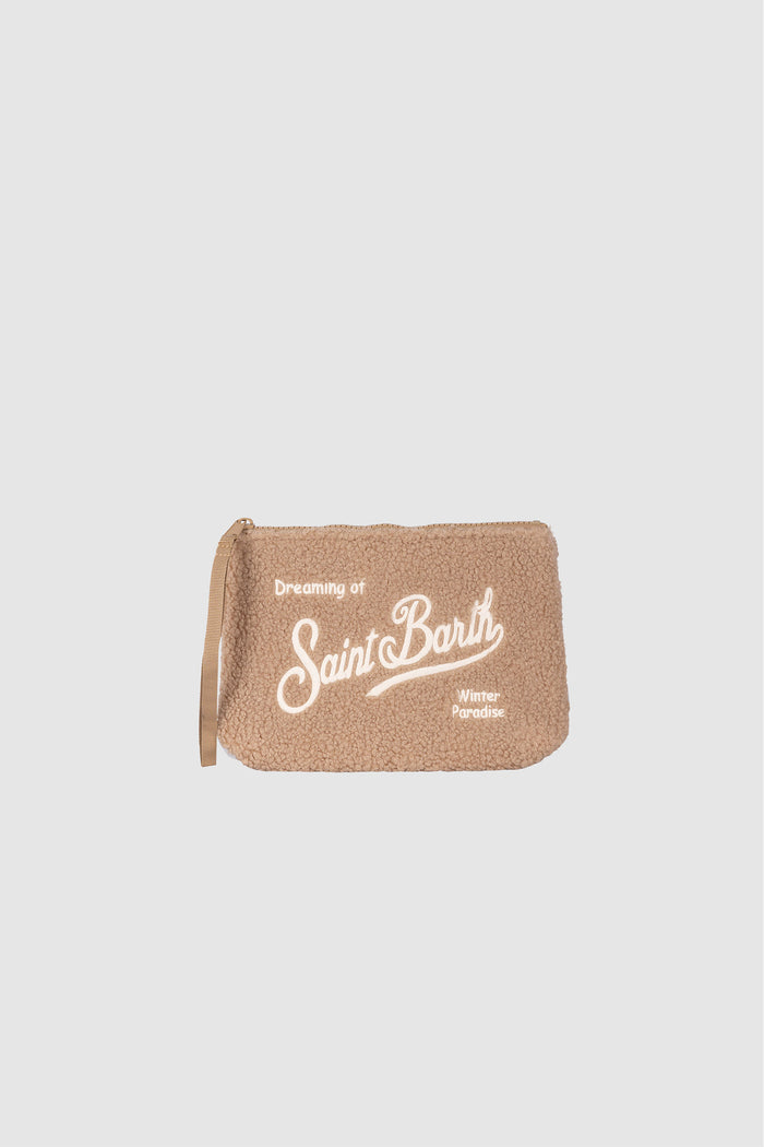 Pochette Aline nocciola in tessuto teddy con ricamo logo