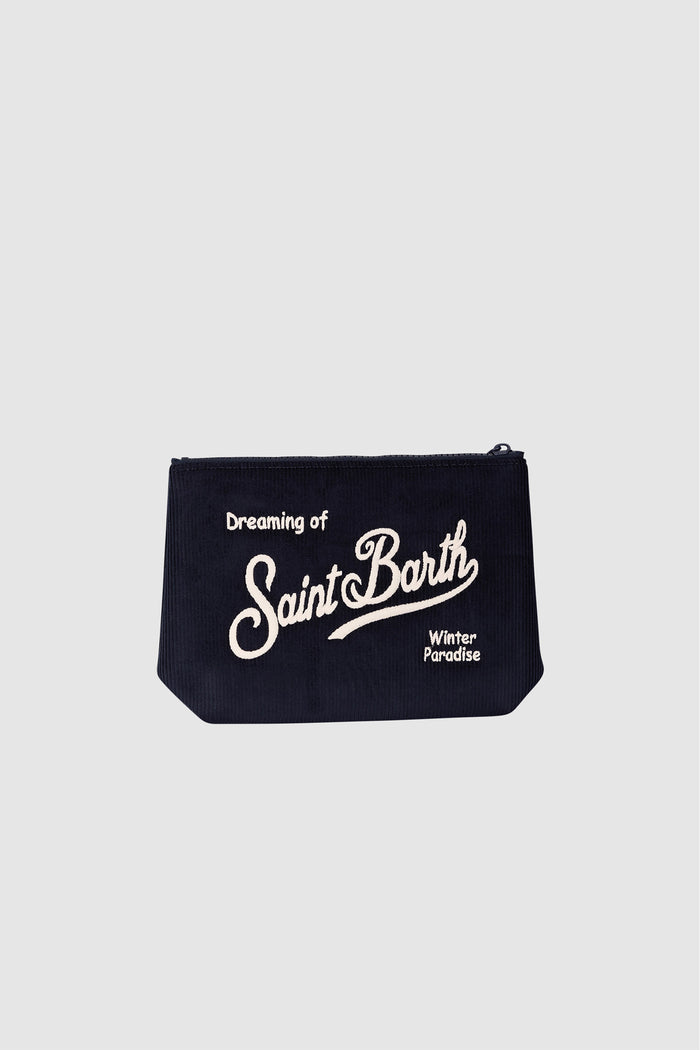 Pochette Aline blu navy in velluto a coste con ricamo logo-2
