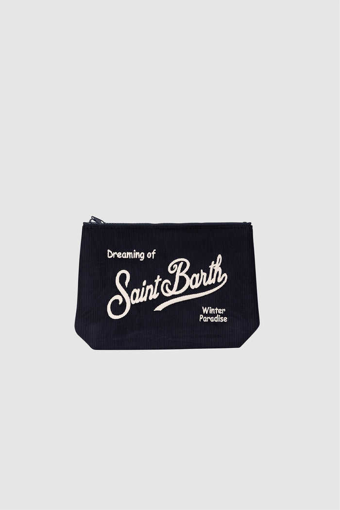 Pochette Aline blu navy in velluto a coste con ricamo logo