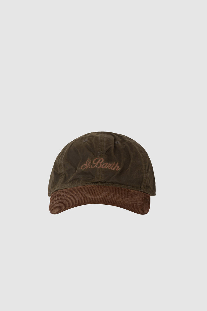 Cappello Baseball verde militare in velluto a coste cerato con ricamo logo-1