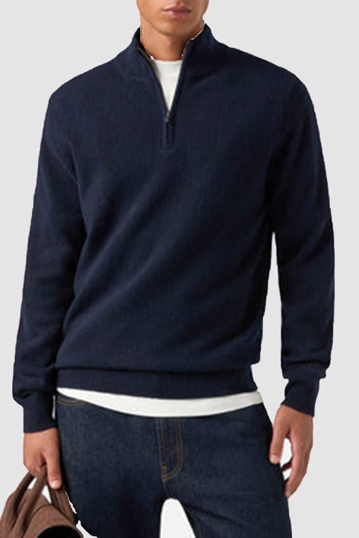 Maglia Jermyn blu notte in lana d'agnello con mezza zip e collo a contrasto-1