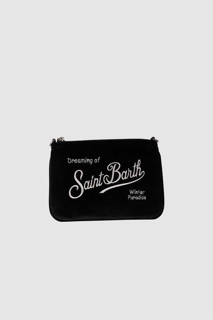 Borsa a spalla Mini Parisienne nera in velluto con ricamo logo