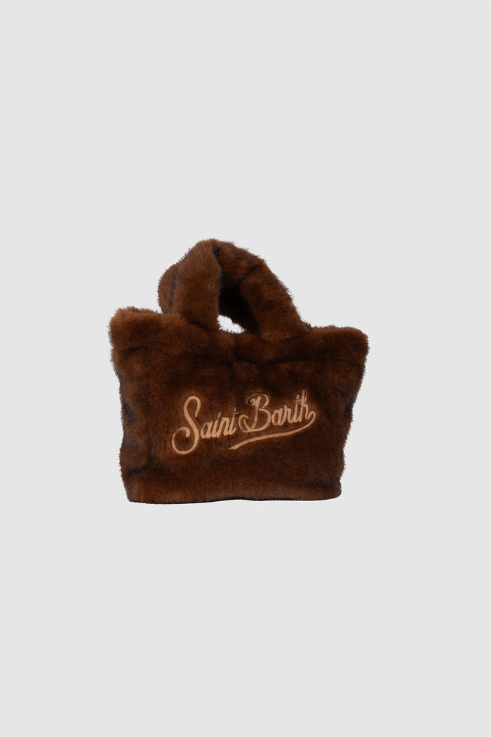 Borsa Mini Vanity Soft marrone in effetto pelliccia con ricamo logo