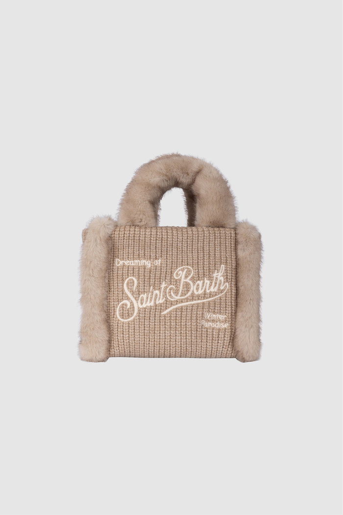 Borsa Mini Vanity beige effetto montone a costine con manici effetto pelliccia