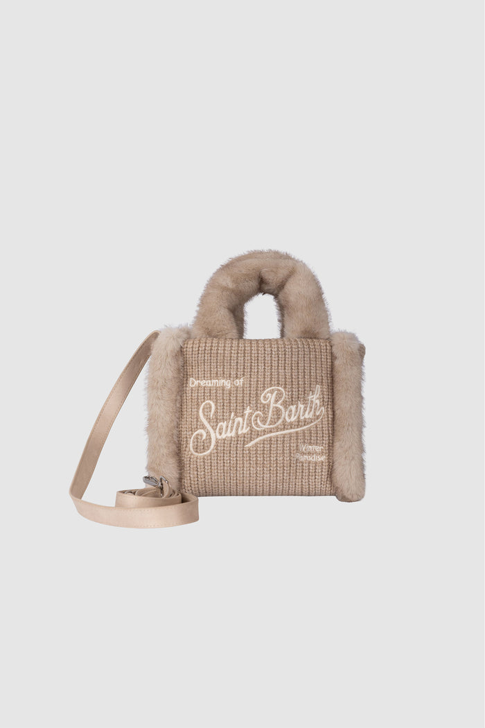 Borsa Mini Vanity beige effetto montone a costine con manici effetto pelliccia-2