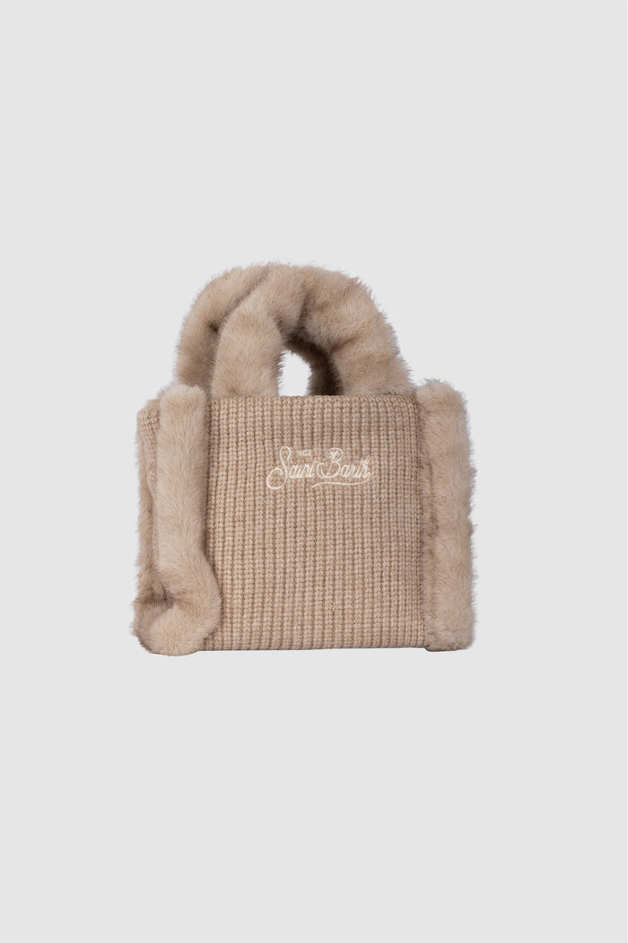 Borsa Mini Vanity beige effetto montone a costine con manici effetto pelliccia-3