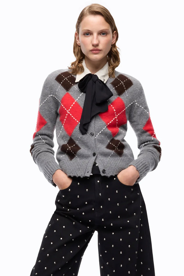 Cardigan girocollo in lana e cashmere a rombi-3
