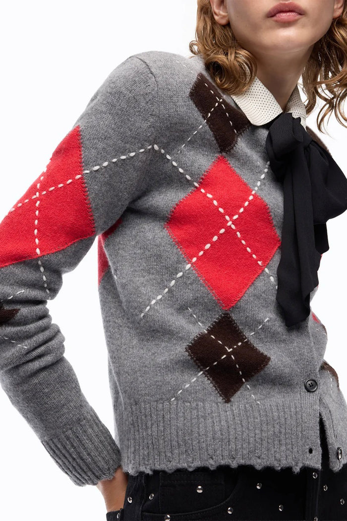 Cardigan girocollo in lana e cashmere a rombi-5