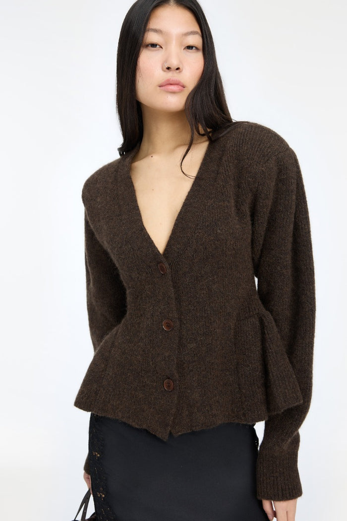Cardigan in maglia con volant, marrone scuro-4