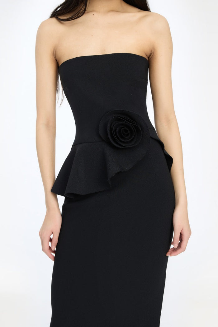 Abito lungo senza spalline con fiori, nero-4