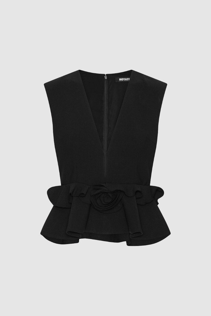 Top nero con scollo a V e stampa floreale-1