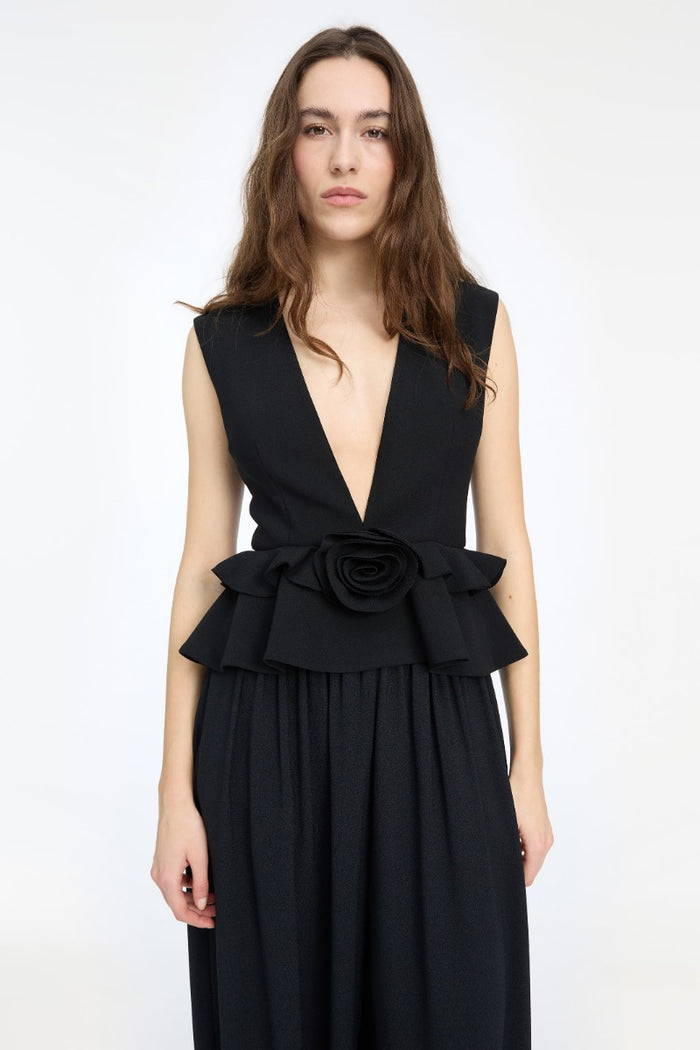 Top nero con scollo a V e stampa floreale-4