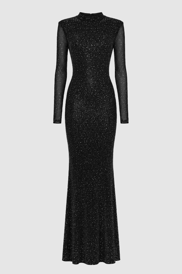 Abito lungo in tulle full strass con colletto-1