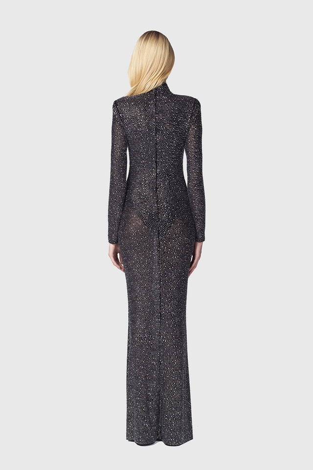 Abito lungo in tulle full strass con colletto-3