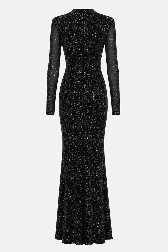 Abito lungo in tulle full strass con colletto-5