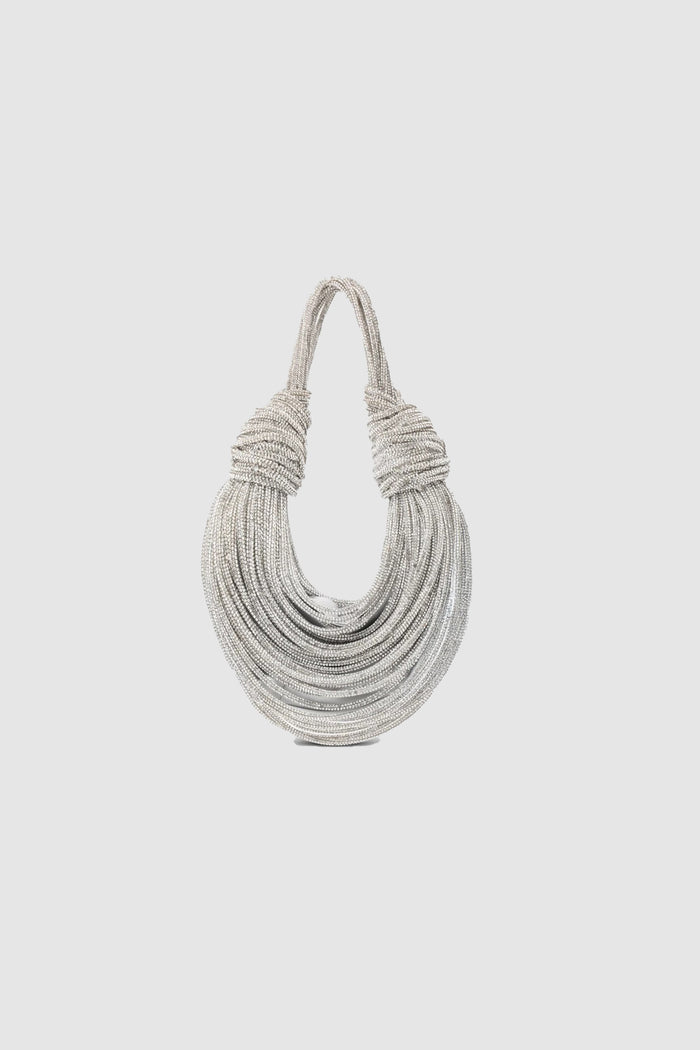 Borsa hobo argento, intrecciata e realizzata con numerosi fili tempestati di pietre, completata da dettagli raffinati sul manico.-2