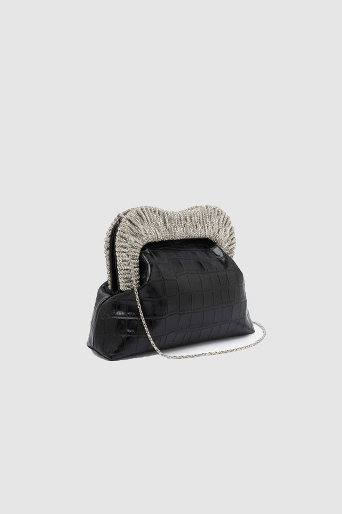 Clutch nera stampa croco con manico gioiello-1