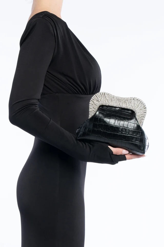 Clutch nera stampa croco con manico gioiello-3