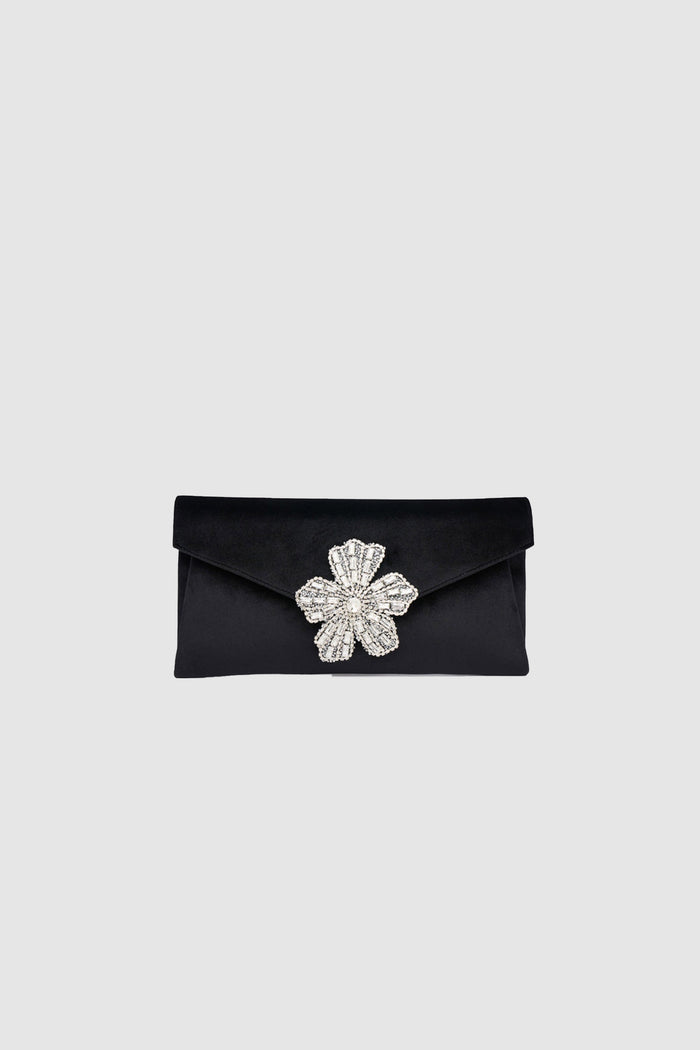 Pochette in velluto nera con fiore gioiello-1