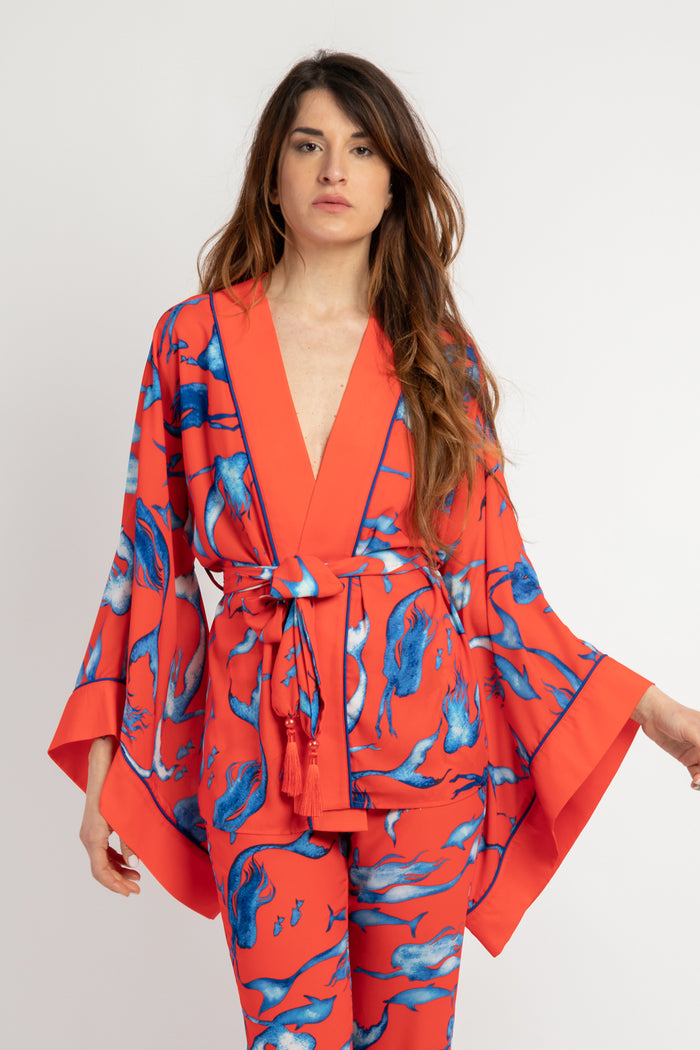 Giacca kimono con cintura stampa sirene