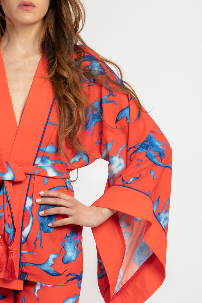 Giacca kimono con cintura stampa sirene-2
