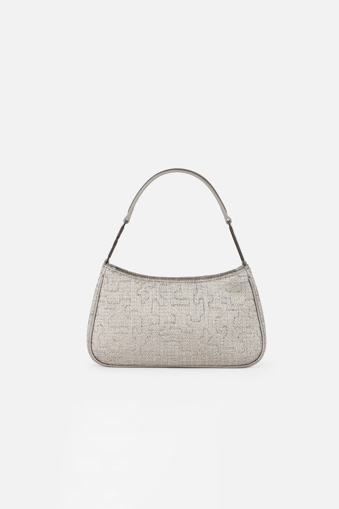 Borsa a spalla in tweed lurex con lettering di strass-3