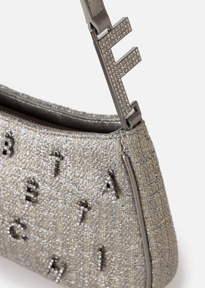 Borsa a spalla in tweed lurex con lettering di strass-4