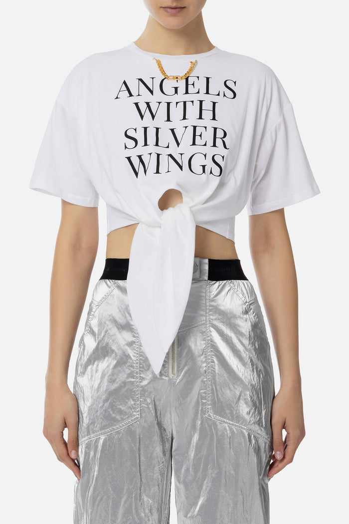 T-shirt cropped in jersey con nodo e stampa