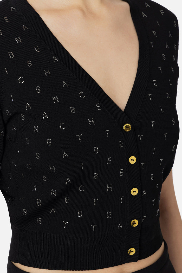 Cardigan cropped in viscosa con lettering in strass-2