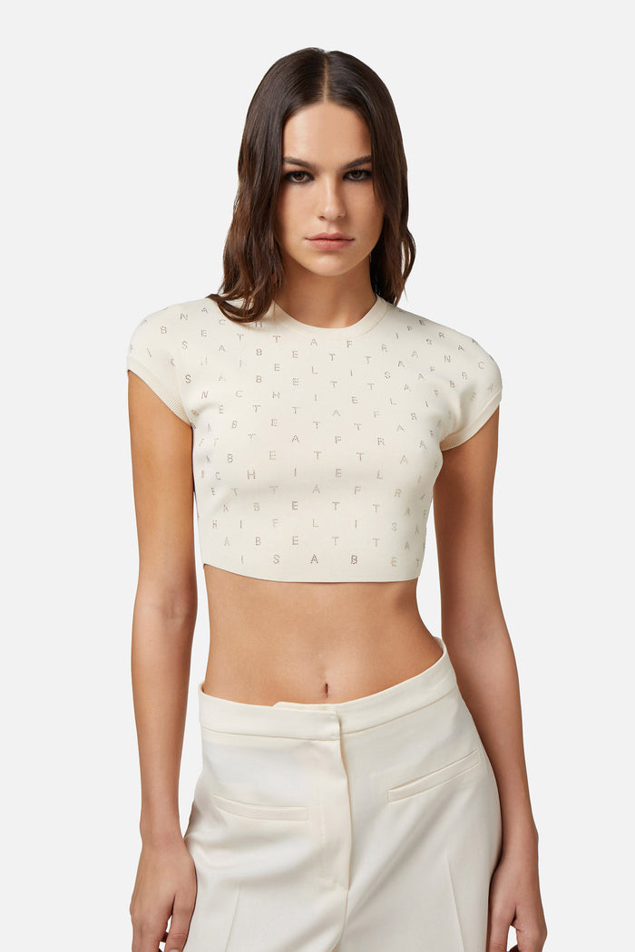 Top cropped in viscosa con lettering in strass-1