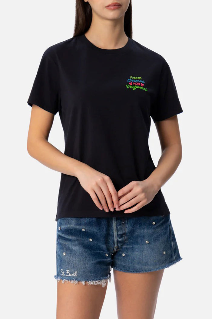 T-shirt Emilie girocollo in jersey di cotone con ricamo