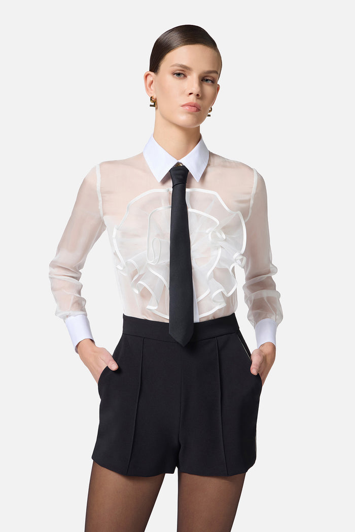 Camicia in voile di seta con ruches e cravatta-4