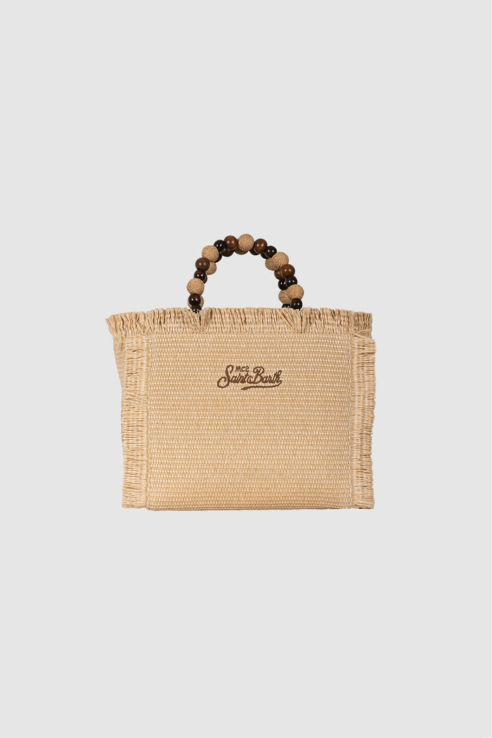 Borsa Colette effetto paglia con perline di legno e logo ricamato-2