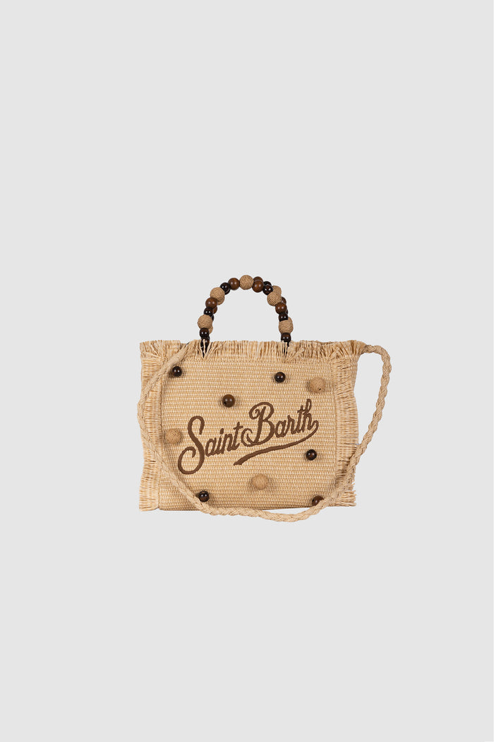 Borsa Colette effetto paglia con perline di legno e logo ricamato-3