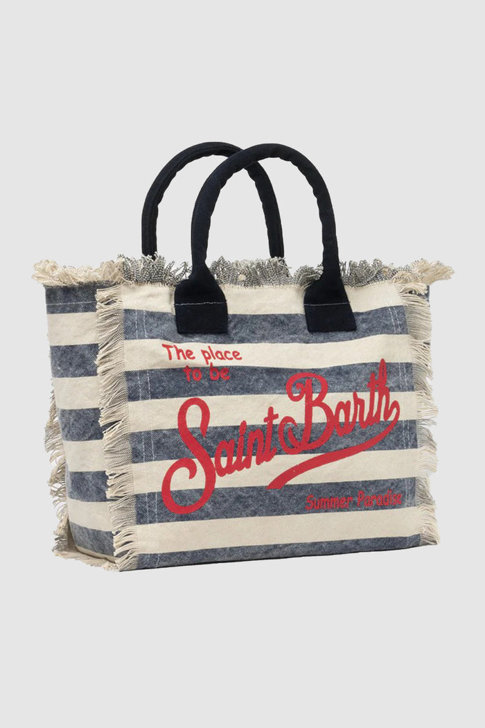 Vanity borsa tote in tela di cotone a righe blu-2