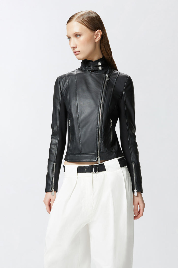 Giubbino biker in pelle con retro in tessuto-5